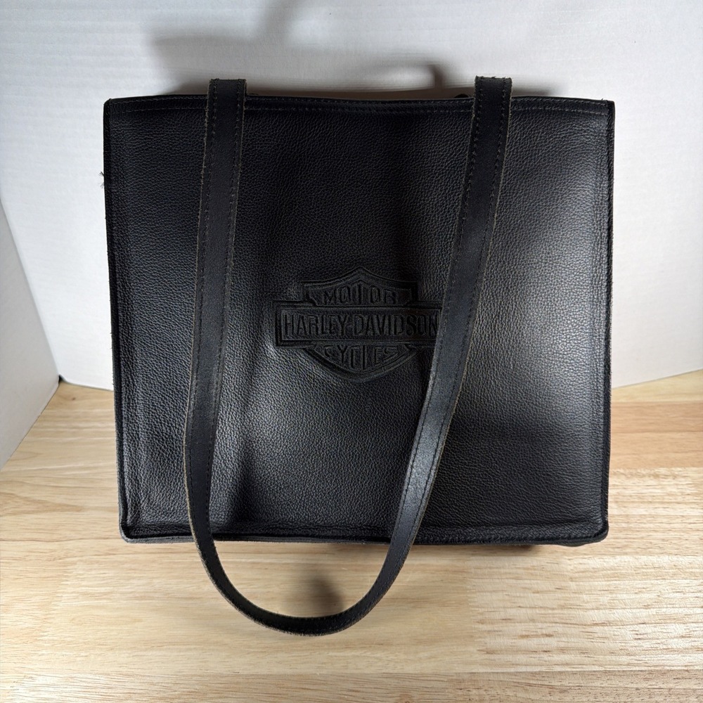 Vintage Harley Davidson Black Embroidered Logo Leather Shoulder Bag Purse Tote
